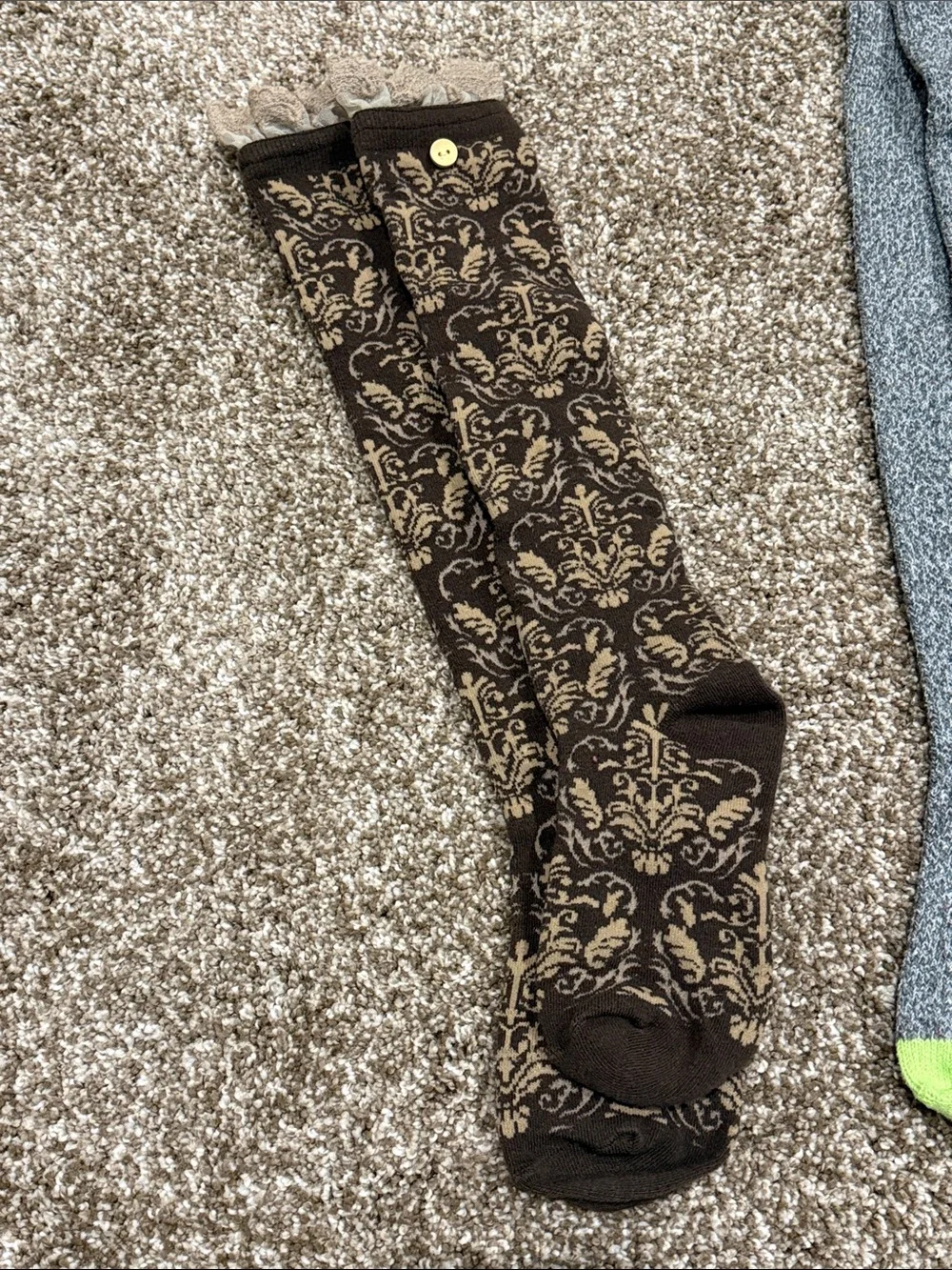 3 pair Women’Knee-High Socks  - Brown, Gray with Neon Green Accents, and Tan